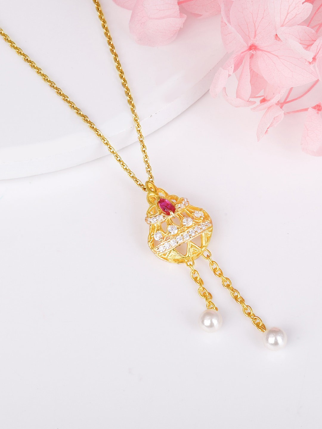 

GIVA 925 Sterling Silver Gold-Plated Stone-Studded & Beaded Pendant With Chain