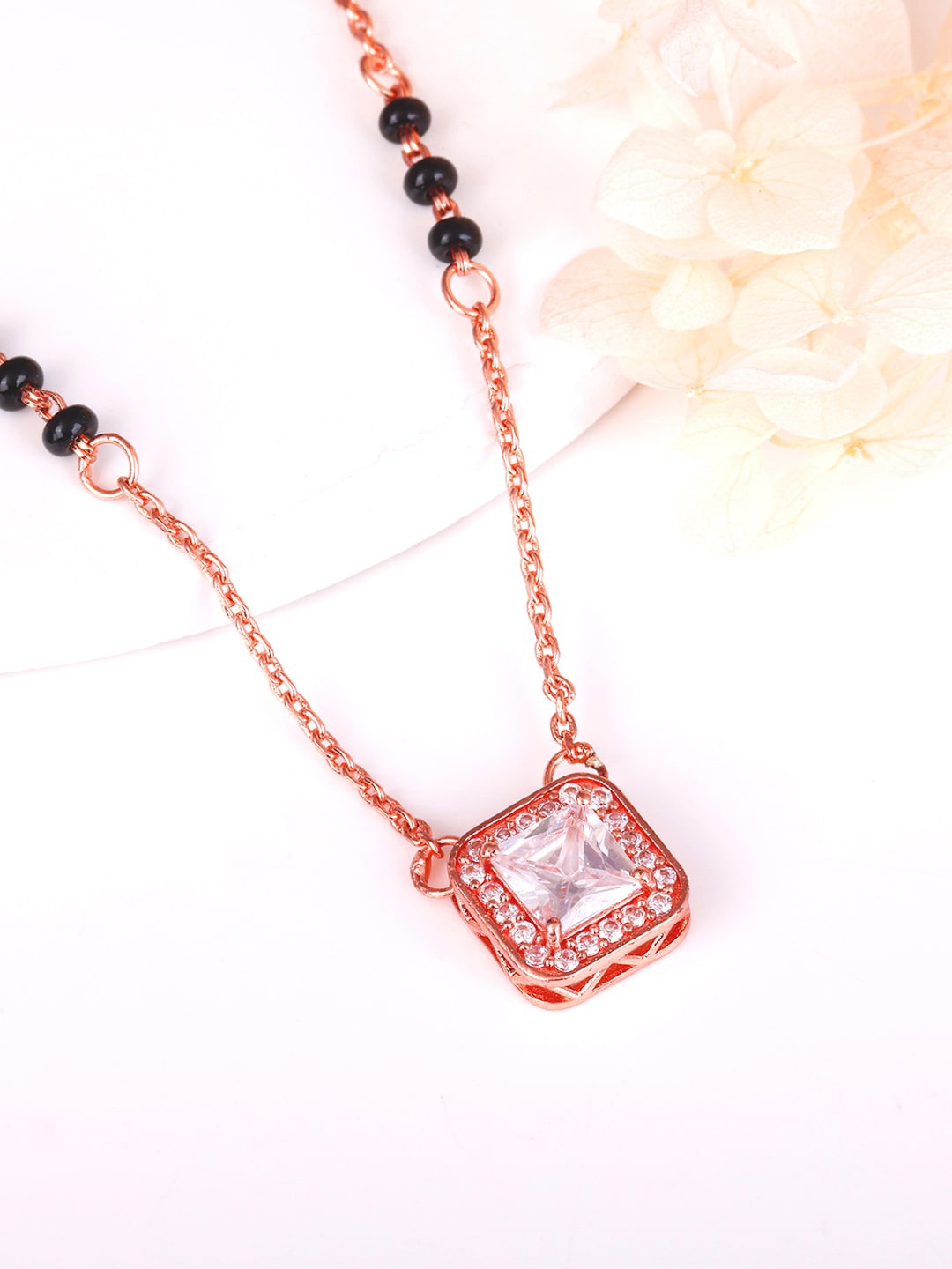 

GIVA 925 Sterling Silver Rose Gold-Plated Stone-Studded & Beaded Mangalsutra