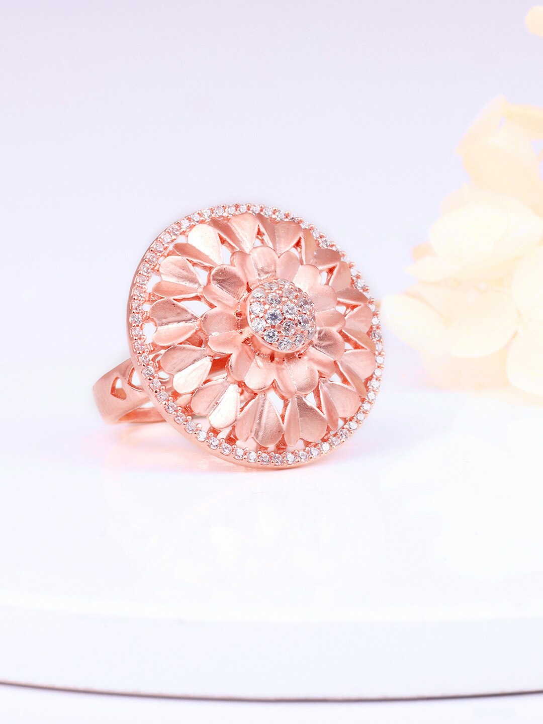 

GIVA 925 Sterling Silver Rose Gold-Plated CZ-Studded Adjustable Finger Ring