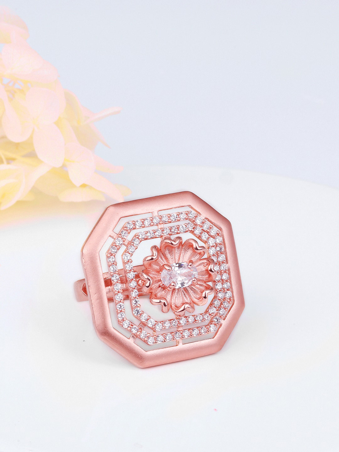 

GIVA925 Sterling Silver Rose Gold-Plated CZ-Studded Adjustable Finger Ring