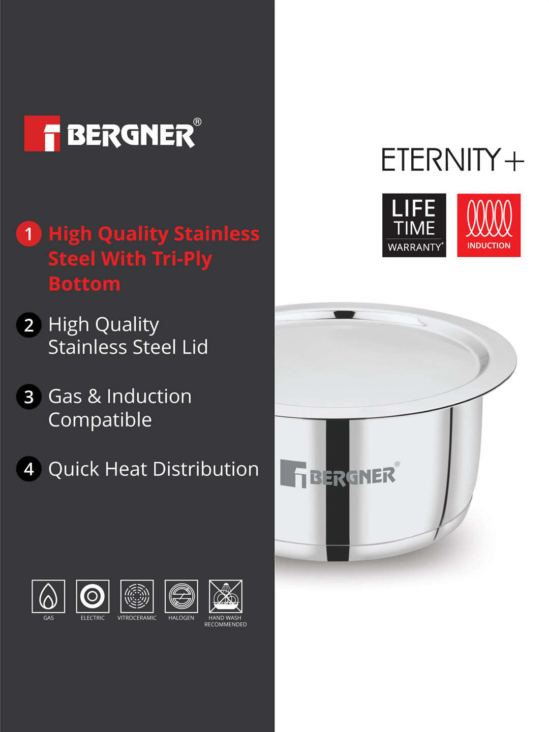 

BERGNER Eternity Tri-Ply Stainless Steel Induction Base Tope With Lid 2.85 L