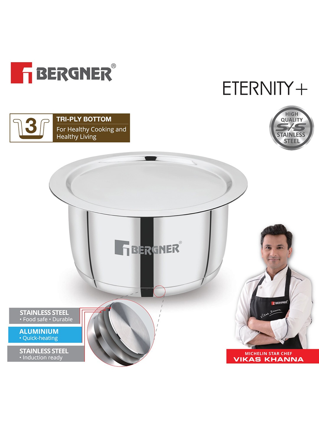 

BERGNER Eternity Tri-Ply Stainless Steel Induction Base Tope With Lid 4.25 L