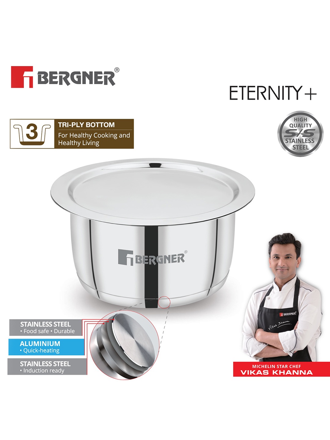 

BERGNER Eternity Tri-Ply Stainless Steel Induction Base Tope With Lid 1.1 L