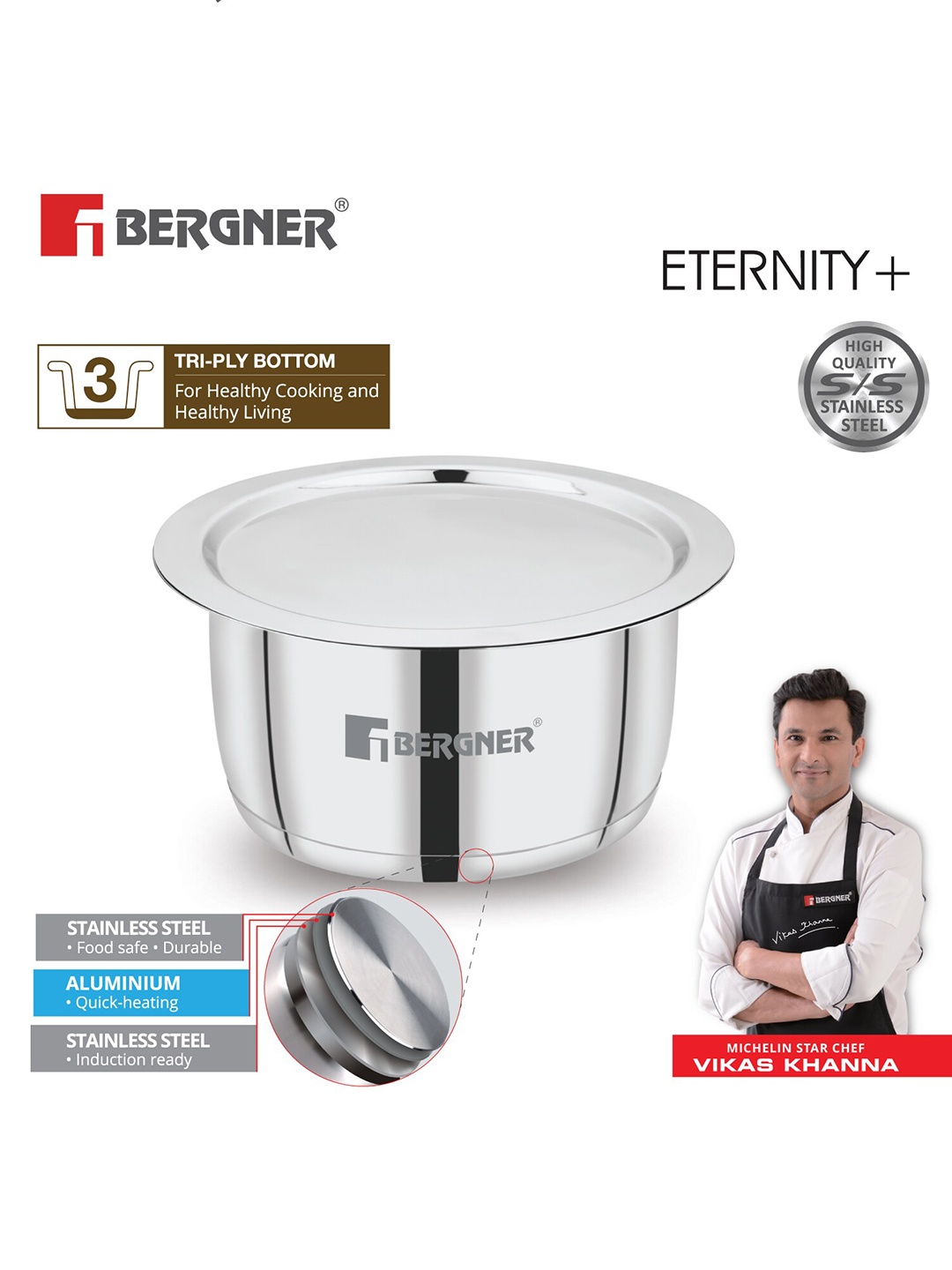 

BERGNER Eternity Tri-Ply Stainless Steel Induction Base Tope With Lid 1.85 L