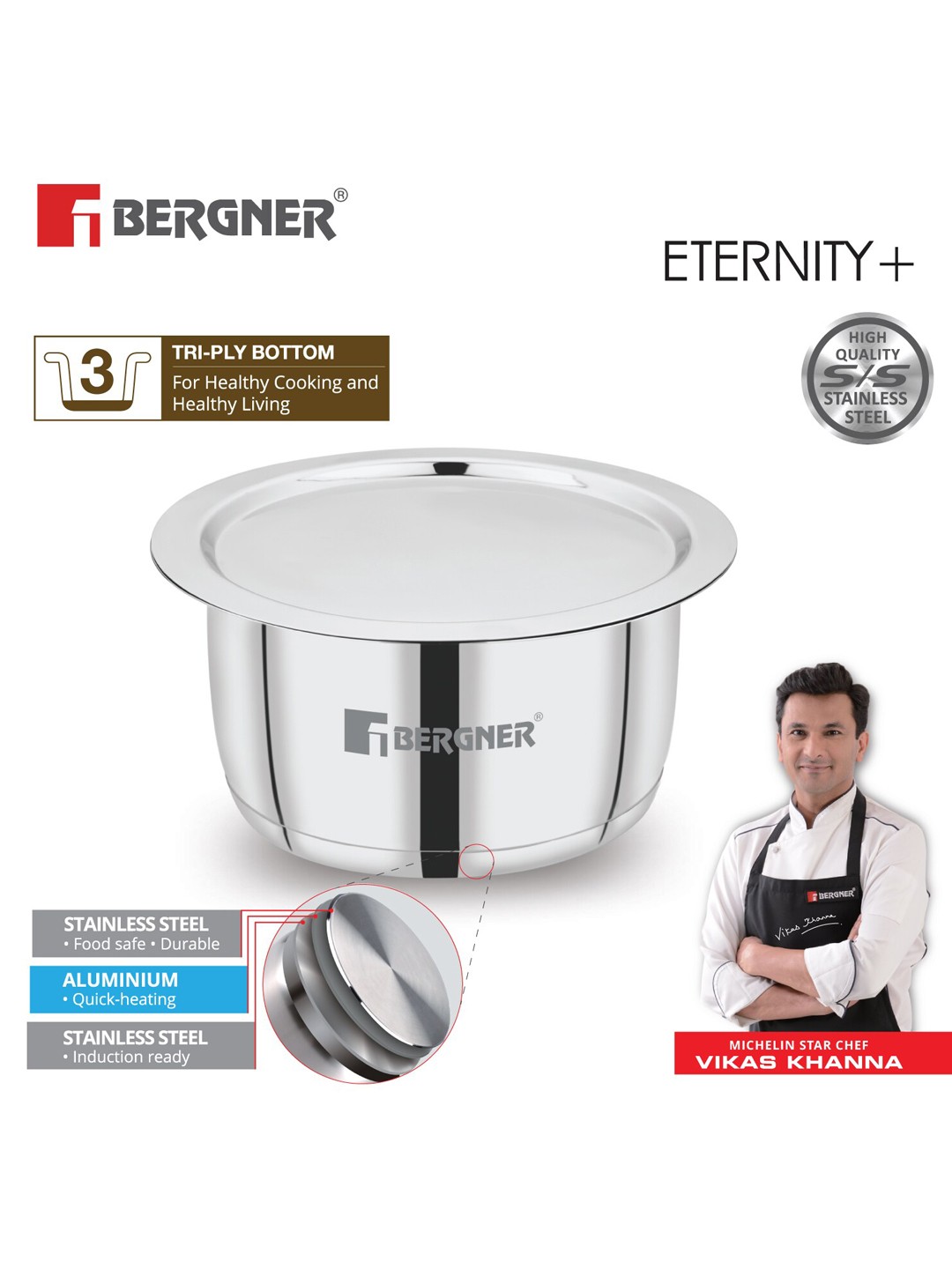 

BERGNER Eternity Stainless Steel Induction Compatible Tope With Lid 3.35 L