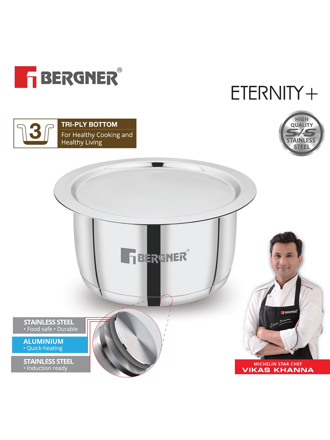 

BERGNER Eternity Stainless Steel Induction Compatible Tope With Lid 2.5 L