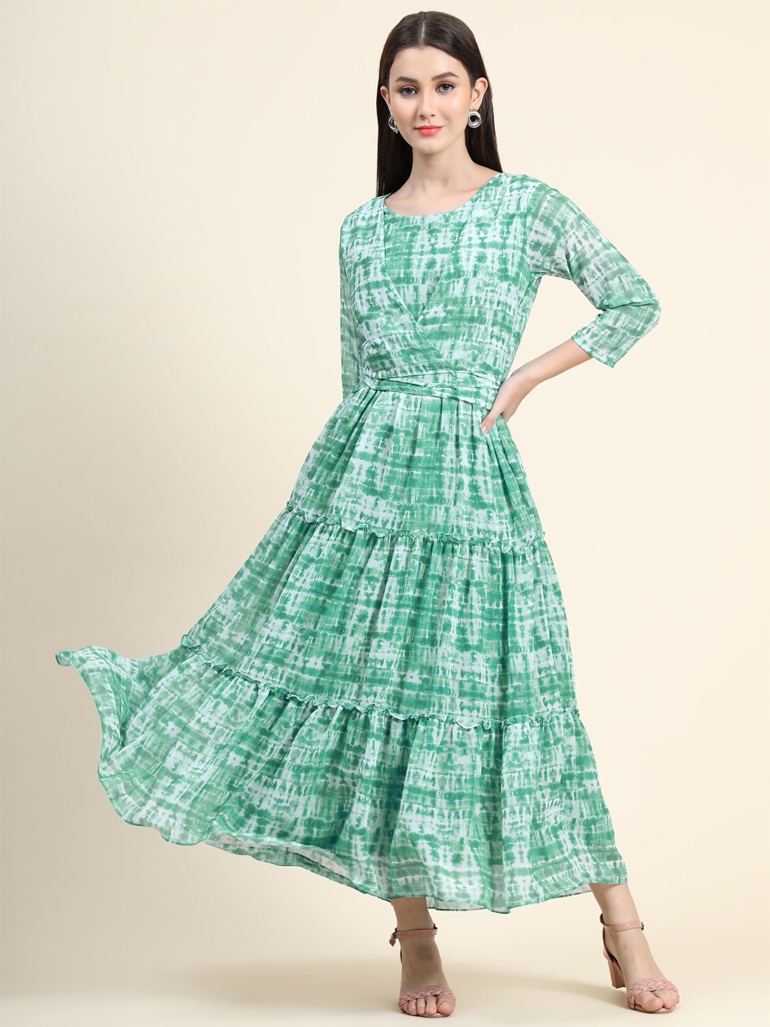 

KALINI Tie and Dyed Layered Georgette Maxi Dress, Green