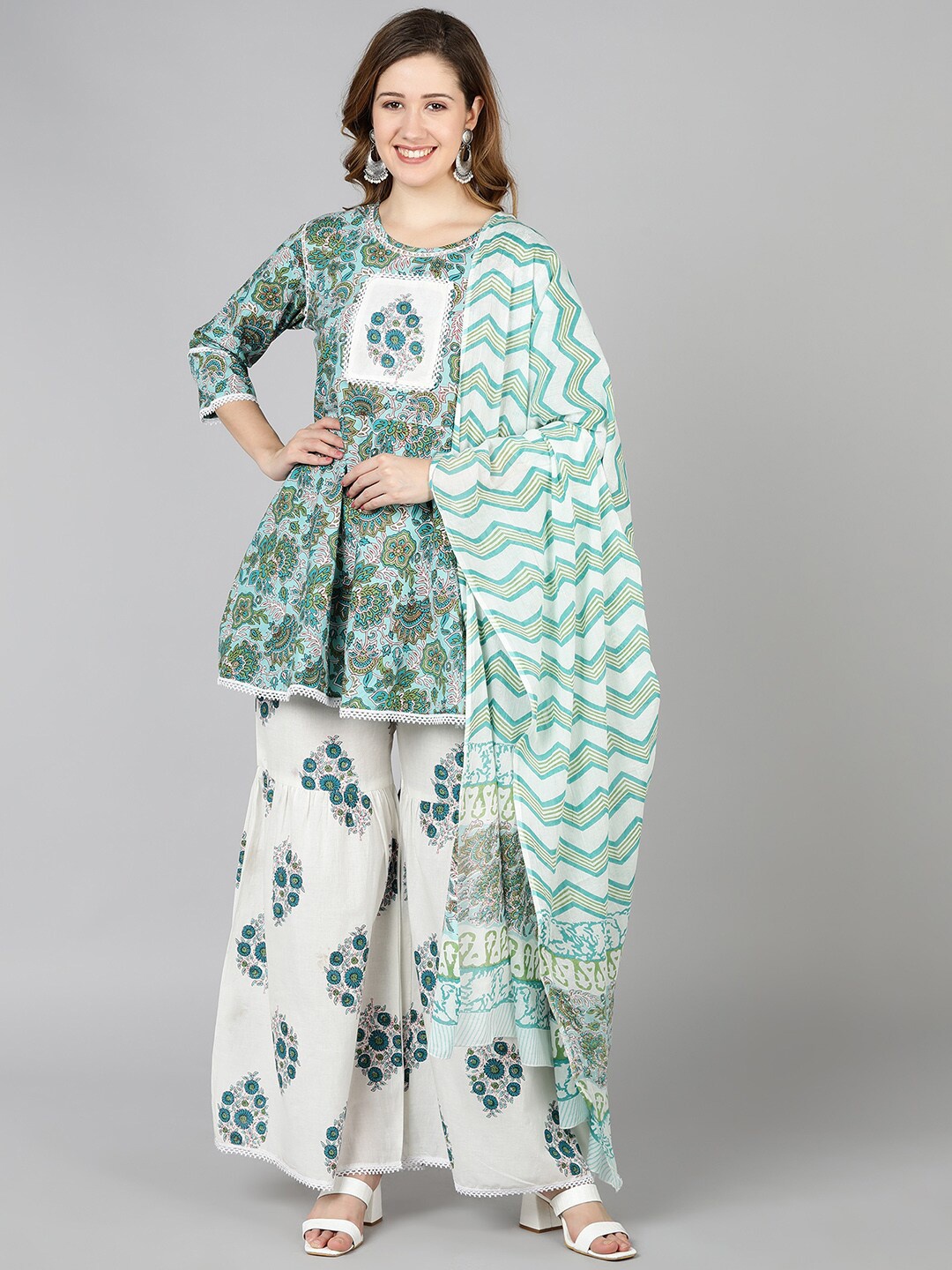 

Senyora Floral Printed Pure Cotton Kurti With Palazzos & Dupatta, Blue