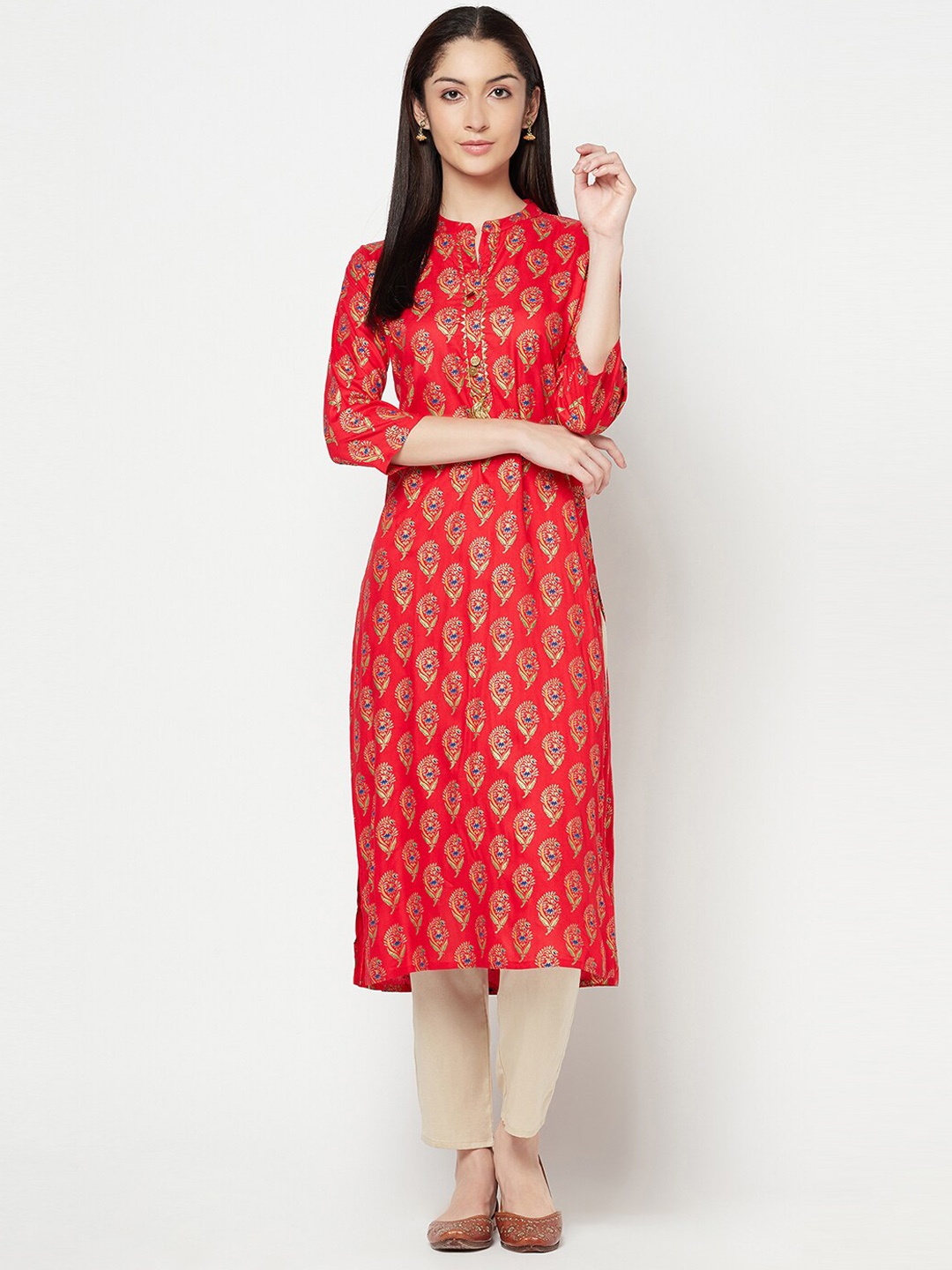 

Senyora Ethnic Motifs Printed Band Collar Straight Kurta, Red