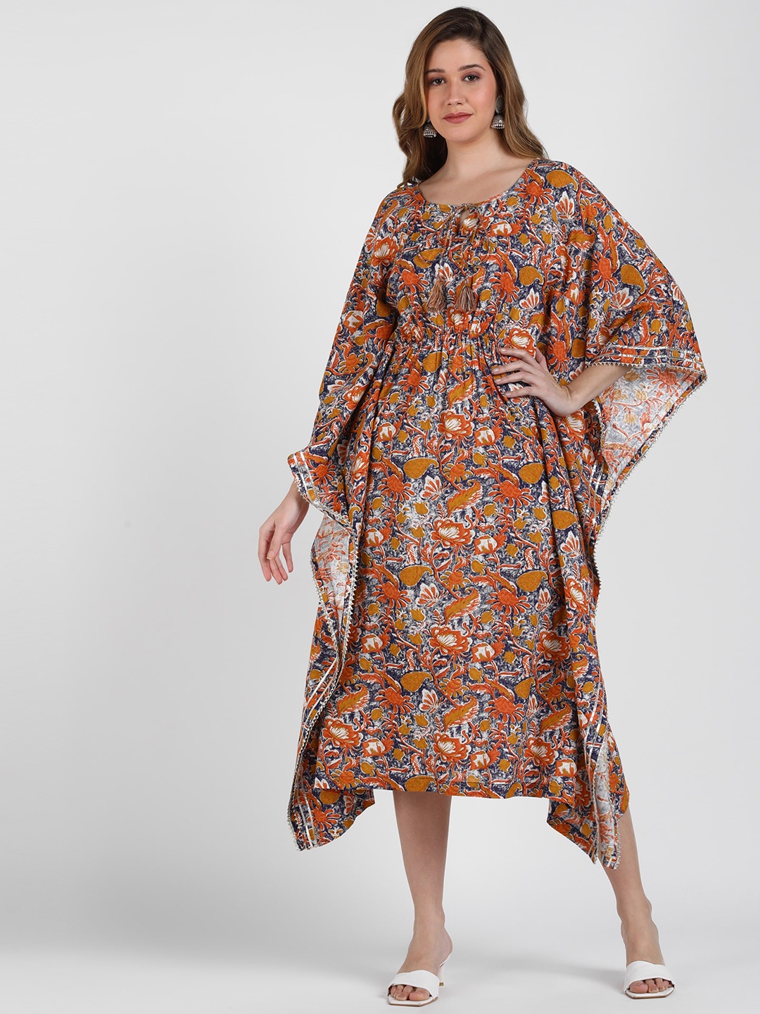

VAHSON Floral Printed Tie-Up Neck Kaftan Dresses, Rust