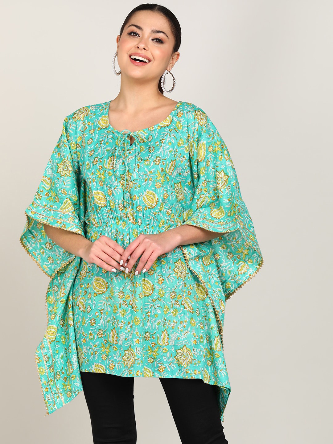 

VAHSON Floral Printed Flared Sleeves A-line Kaftan Kurta, Sea green