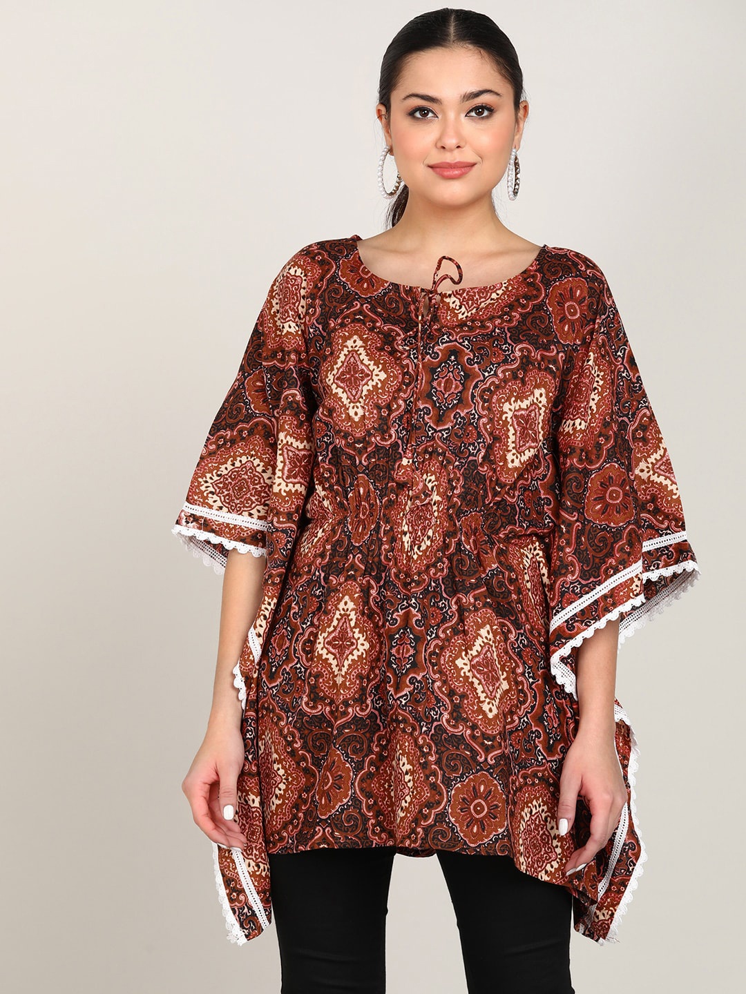 

VAHSON Ethnic Motifs Printed Flared Sleeves Pure Cotton Kaftan Kurta, Brown