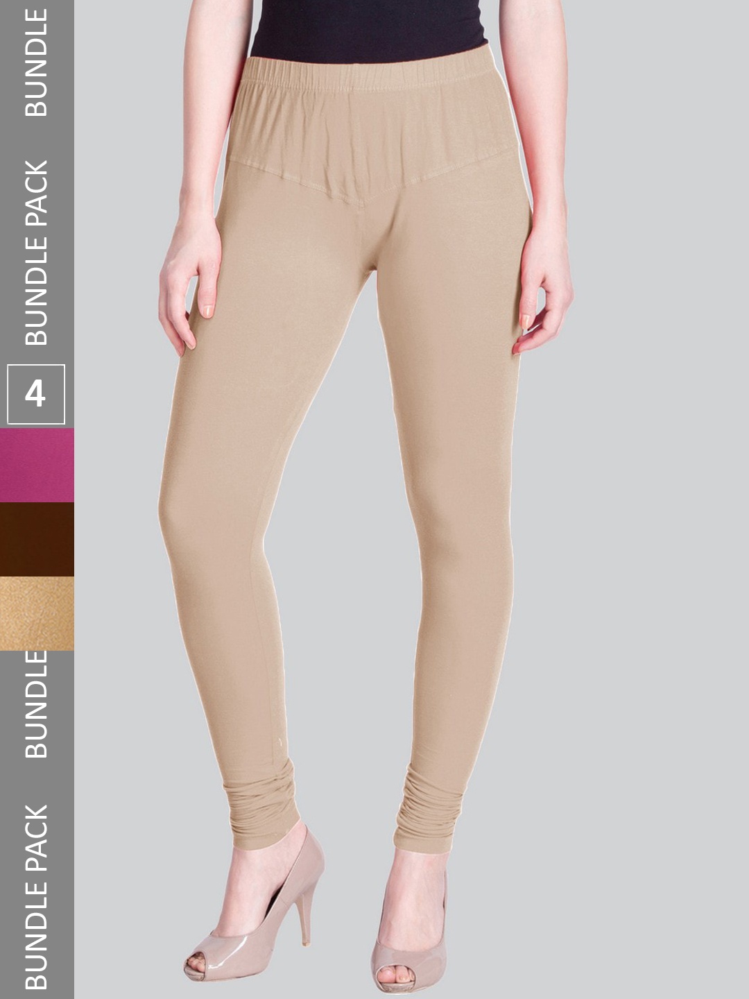 

LYRA Women Pack Of 4 Churidar-Length Cotton Lycra Leggings, Beige