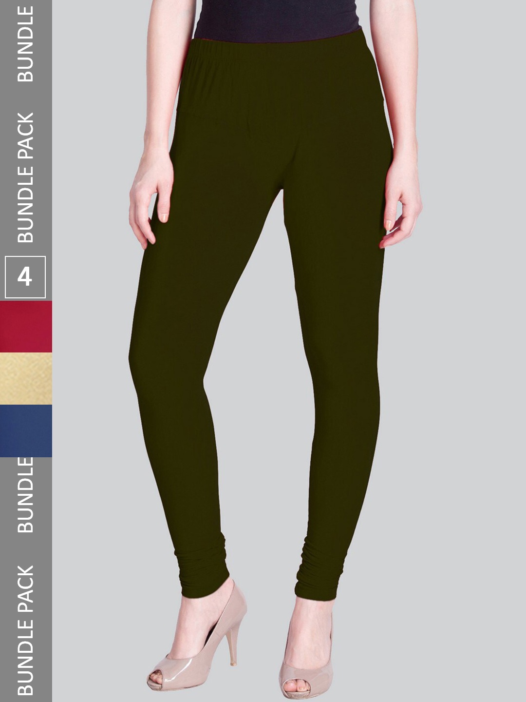 

LYRA Women Pack Of 4 Churidar-Length Cotton Lycra Leggings, Olive