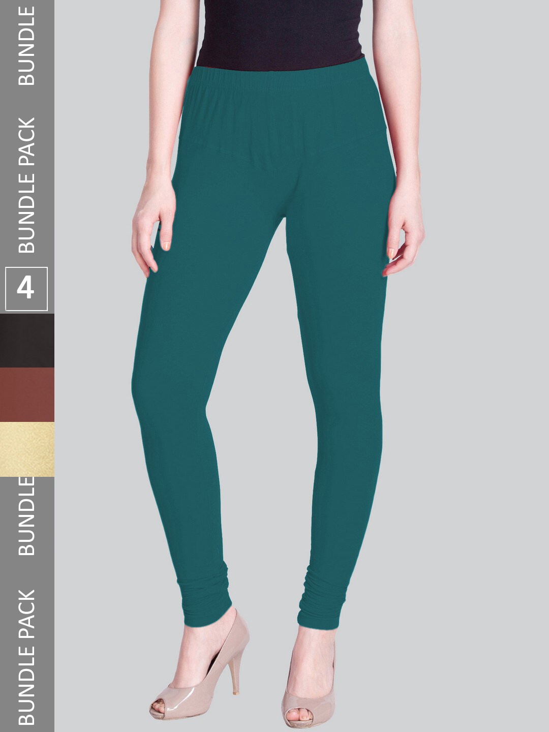 

LYRA Women Pack Of 4 Churidar-Length Cotton Lycra Leggings, Green