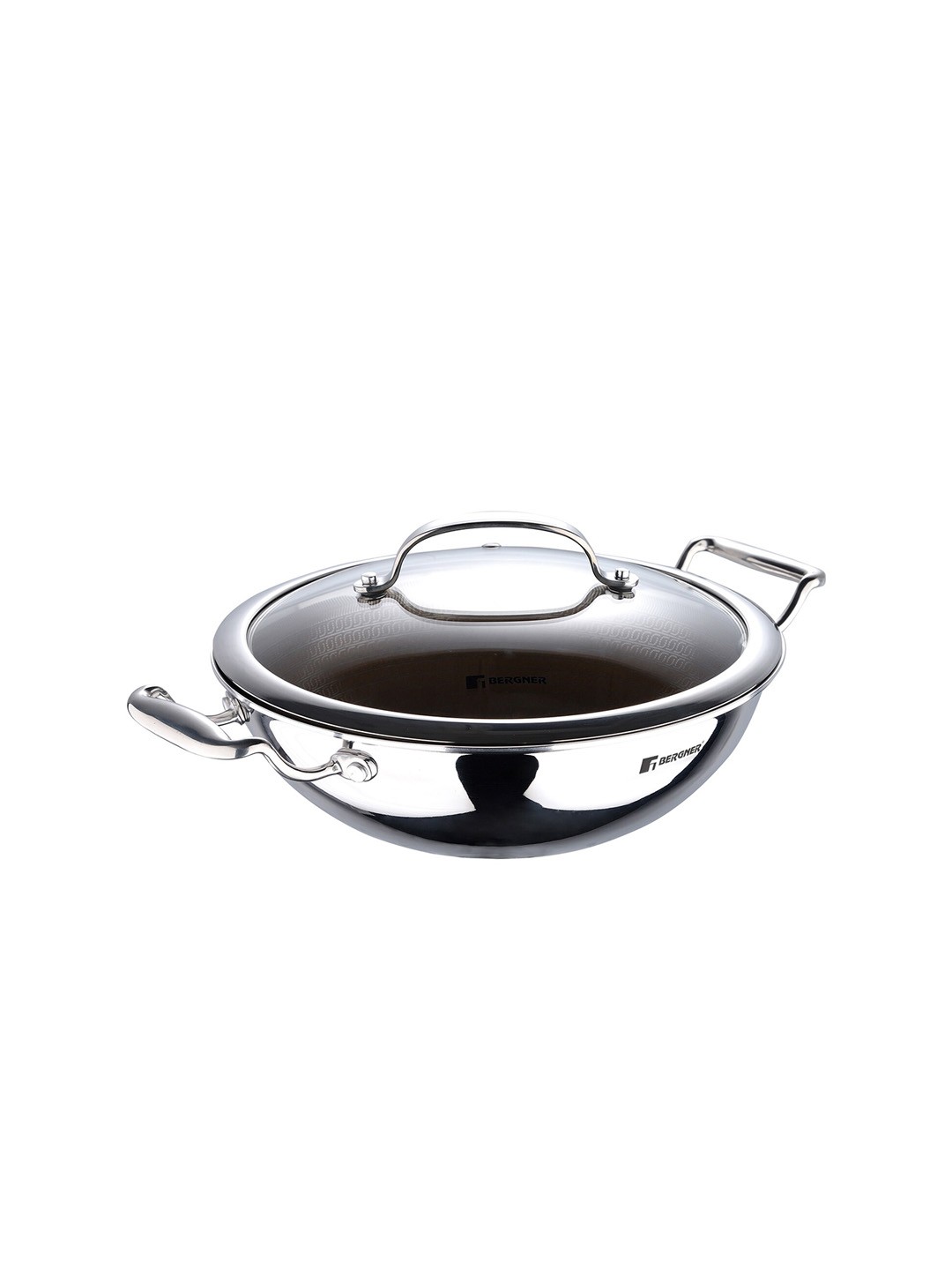 

BERGNER Hitech Stainless Steel Induction Base Nonstick Kadhai With Glass Lid 2.5 L