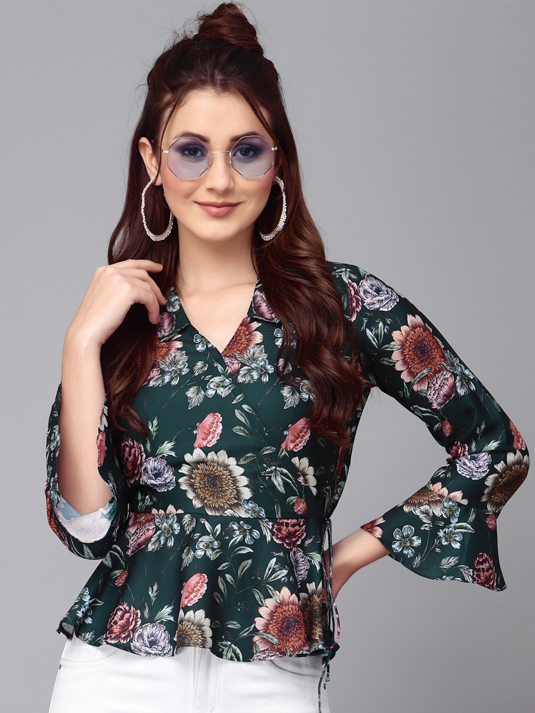 

Selvia Floral Printed Shirt Collar Peplum Top, Green