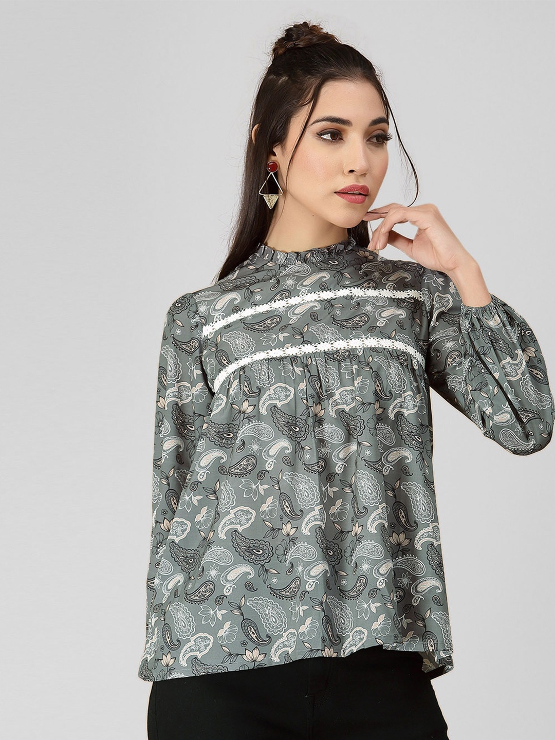 

Selvia Floral Printed High Neck Top, Grey