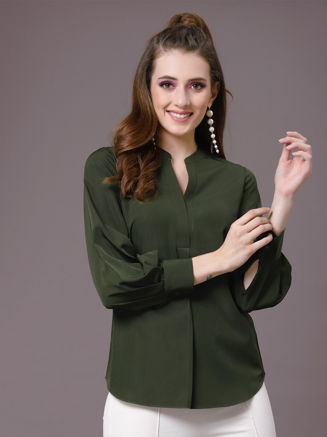 

Selvia Mandarin Collar Cuffed Sleeves Shirt Style Top, Olive