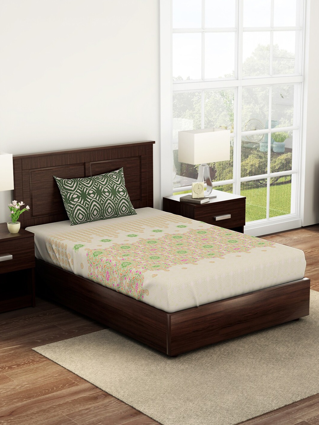 

SPACES Geostance Green & Pink Floral 144 TC Flat Cotton Single Bedsheet & 1 Pillow Covers
