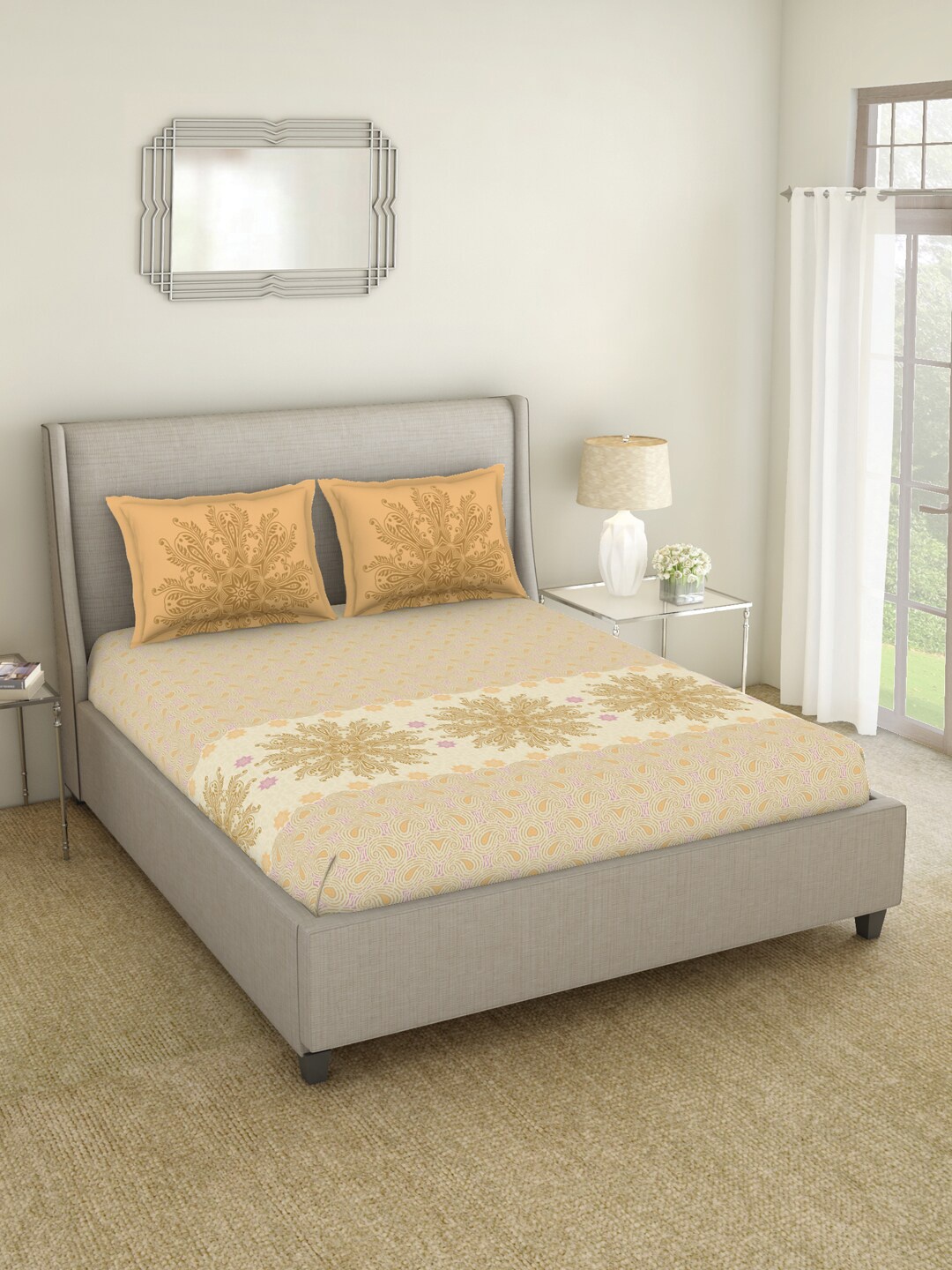 

SPACES Striae Beige & Yellow 210 TC Flat Cotton King Bedsheet with 2 Pillow Covers