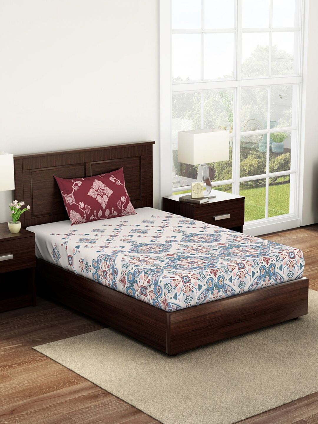 

SPACES Geostance Peach-Coloured & Blue 144 TC Flat Cotton Single Bedsheet & 1 Pillow Cover