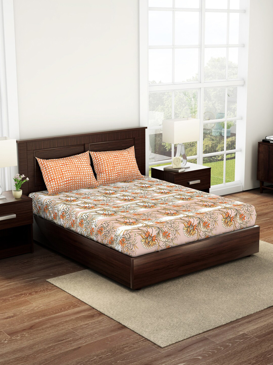 

SPACES Bonica Orange & Tan 144 TC Fitted Pure Cotton King Bedsheet & 2 Pillow Covers