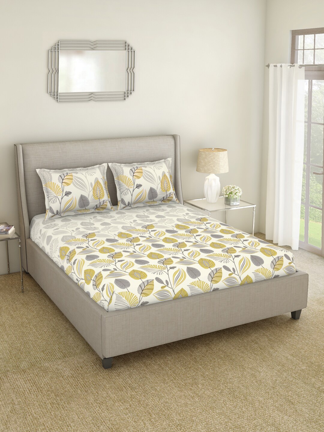 

SPACES Idyllic Cream & Yellow Floral 210 TC Flat King Bedsheet with 2 Pillow Covers