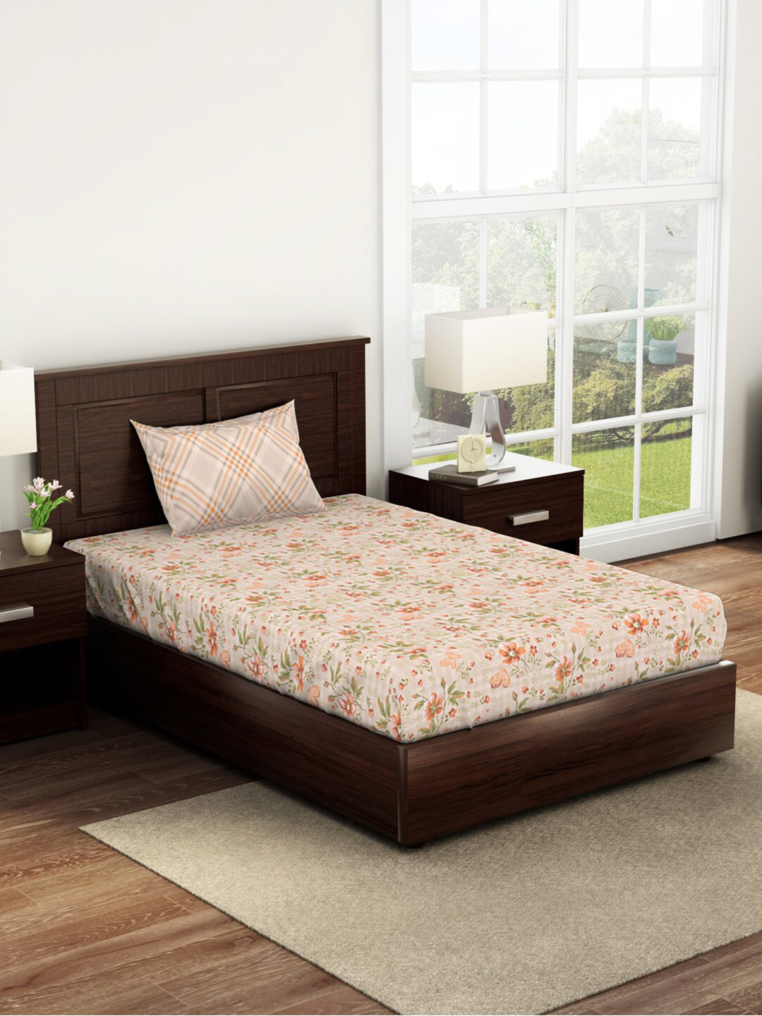 

SPACES Bonica Peach-Coloured & Green 144 TC Flat Cotton Single Bedsheet & 1 Pillow Cover