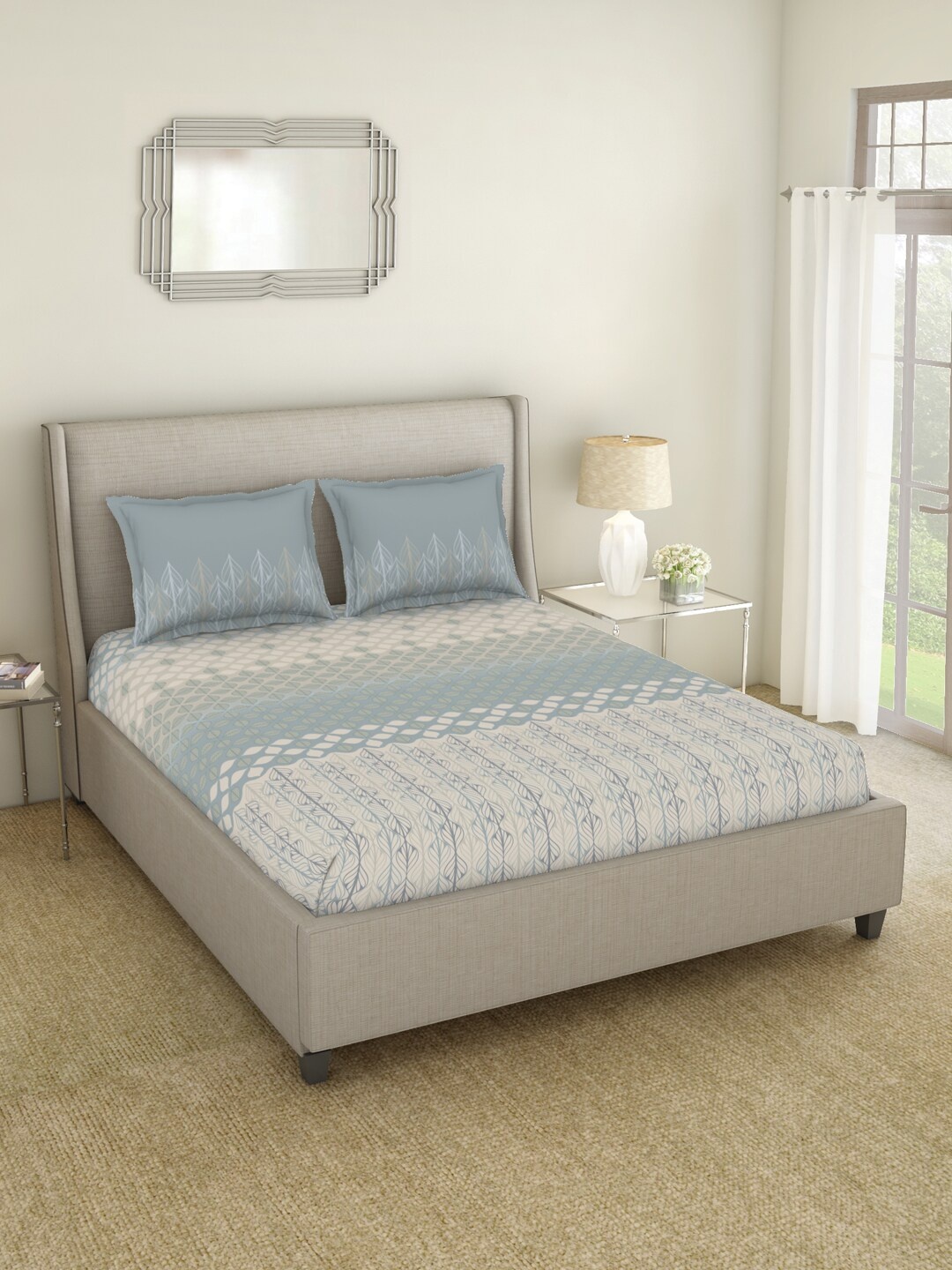 

SPACES Greeneries Blue & White 210 TC Flat Cotton King Bedsheet with 2 Pillow Covers