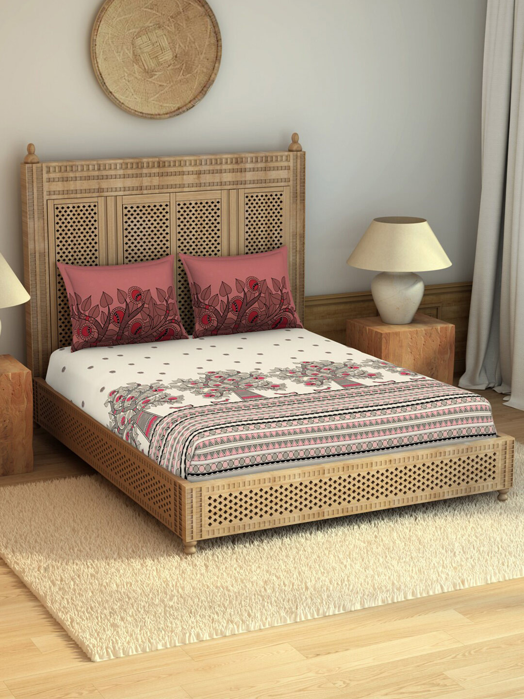 

SPACES Madhubani Beige & Black Ethnic Motifs 210 TC Flat King Bedsheet & 2 Pillow Covers