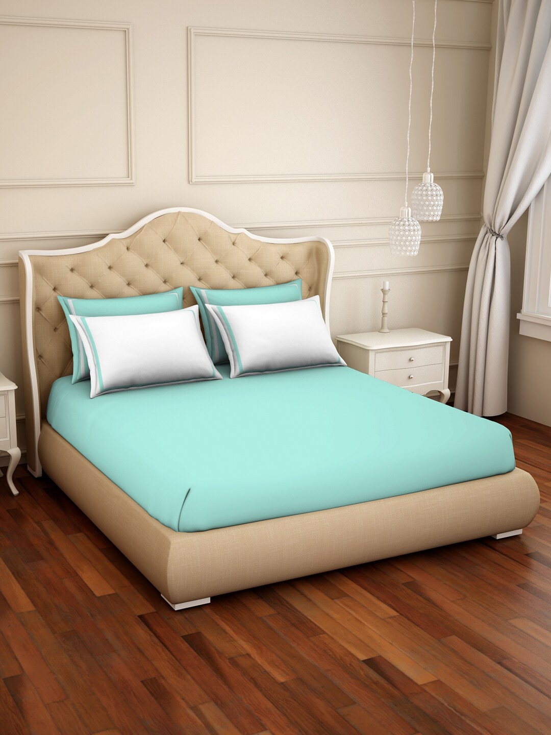 

SPACES Hygro Hygro Green & White 300 TC Flat Cotton King Bedsheet with 4 Pillow Covers