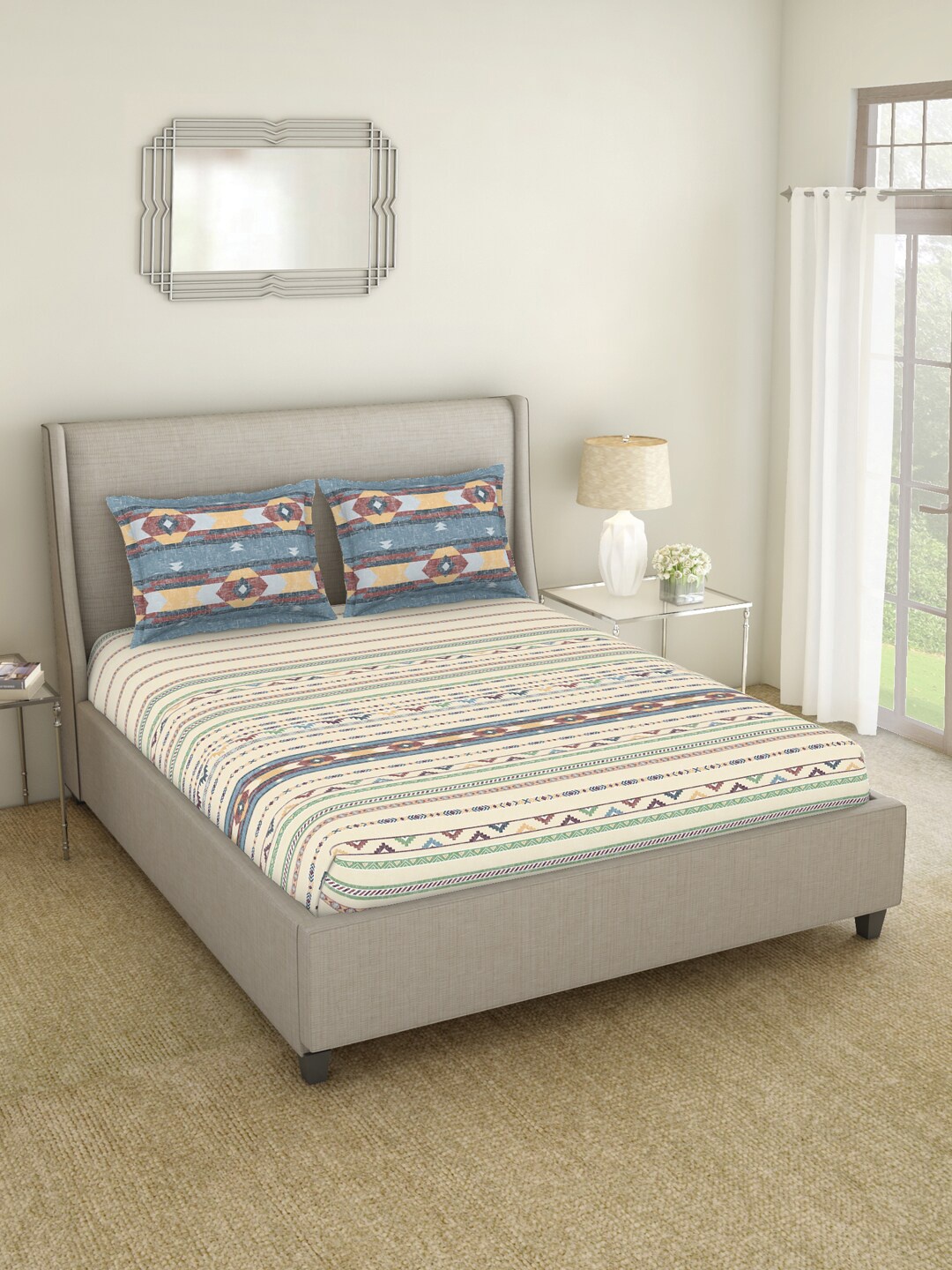 

SPACES Crafted Lores Cream & Blue Ethnic Motifs 210 TC Flat King Bedsheet & Pillow Covers