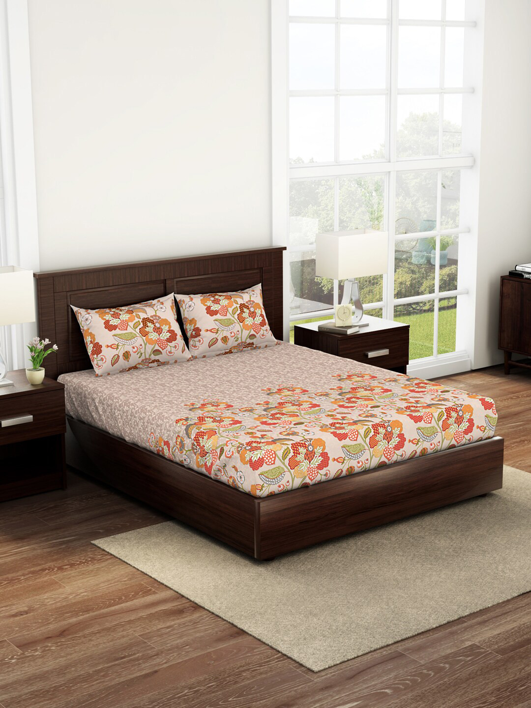 

SPACES Bonica Grey & Orange Floral 144 TC Fitted Cotton King Bedsheet with 2 Pillow Covers