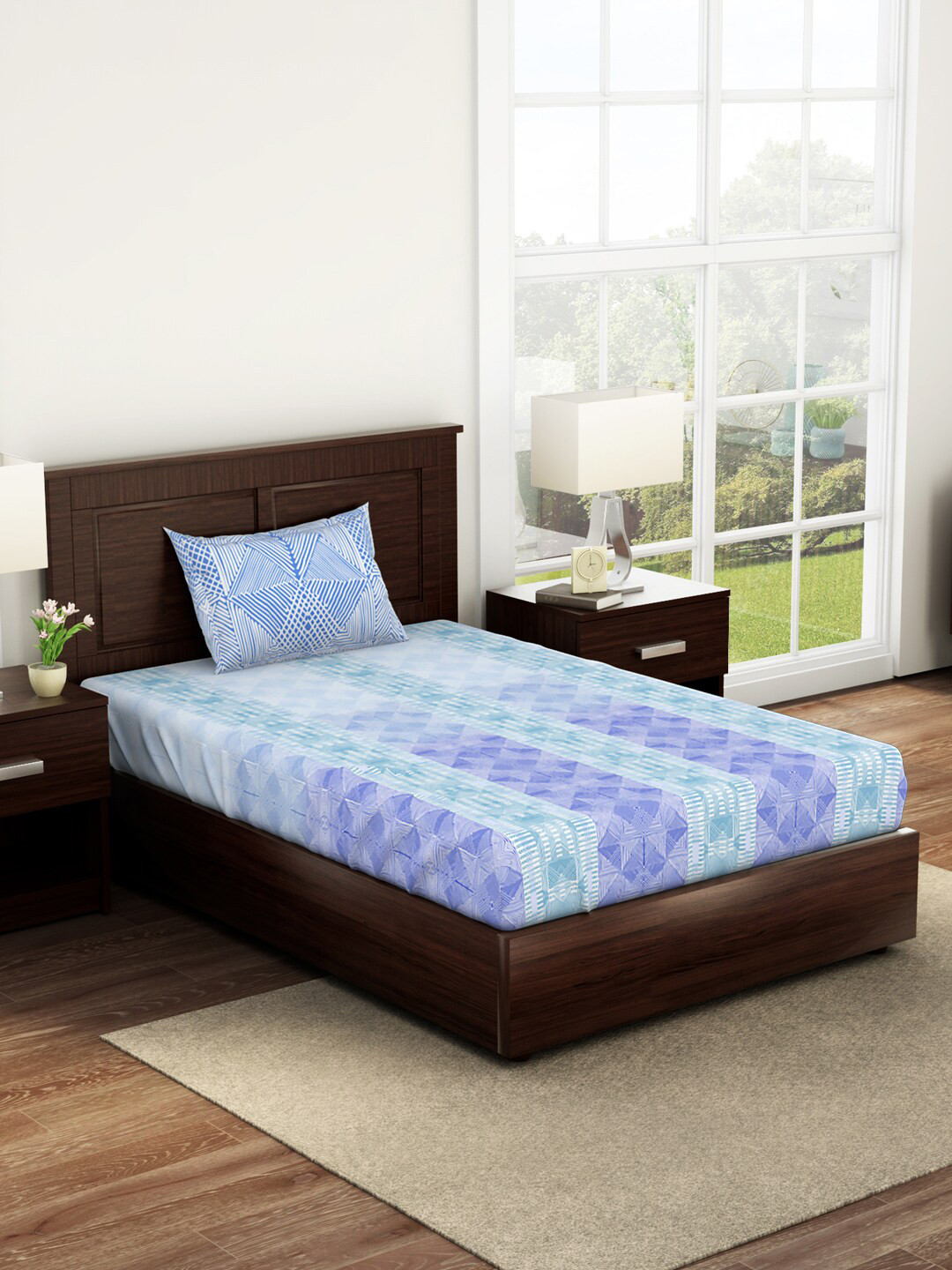 

SPACES Geostance Blue & Purple 144 TC Flat Pure Cotton Single Bedsheet with 1 Pillow Cover
