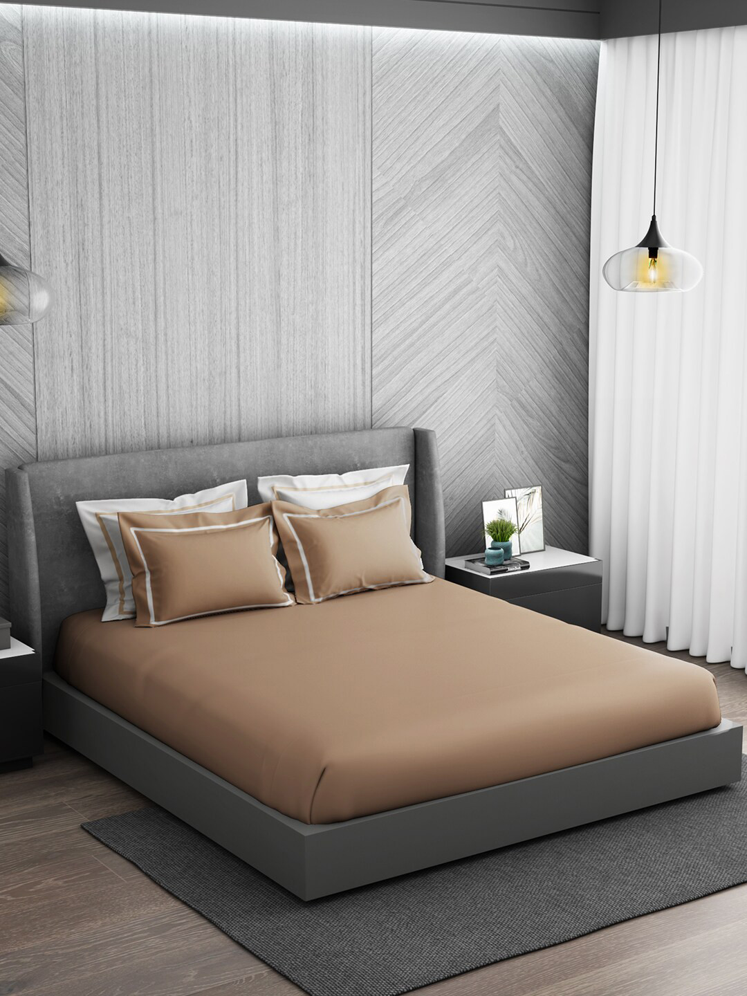 

SPACES Hygro Hygro Brown & White 300 TC Flat Cotton King Bedsheet with 4 Pillow Covers