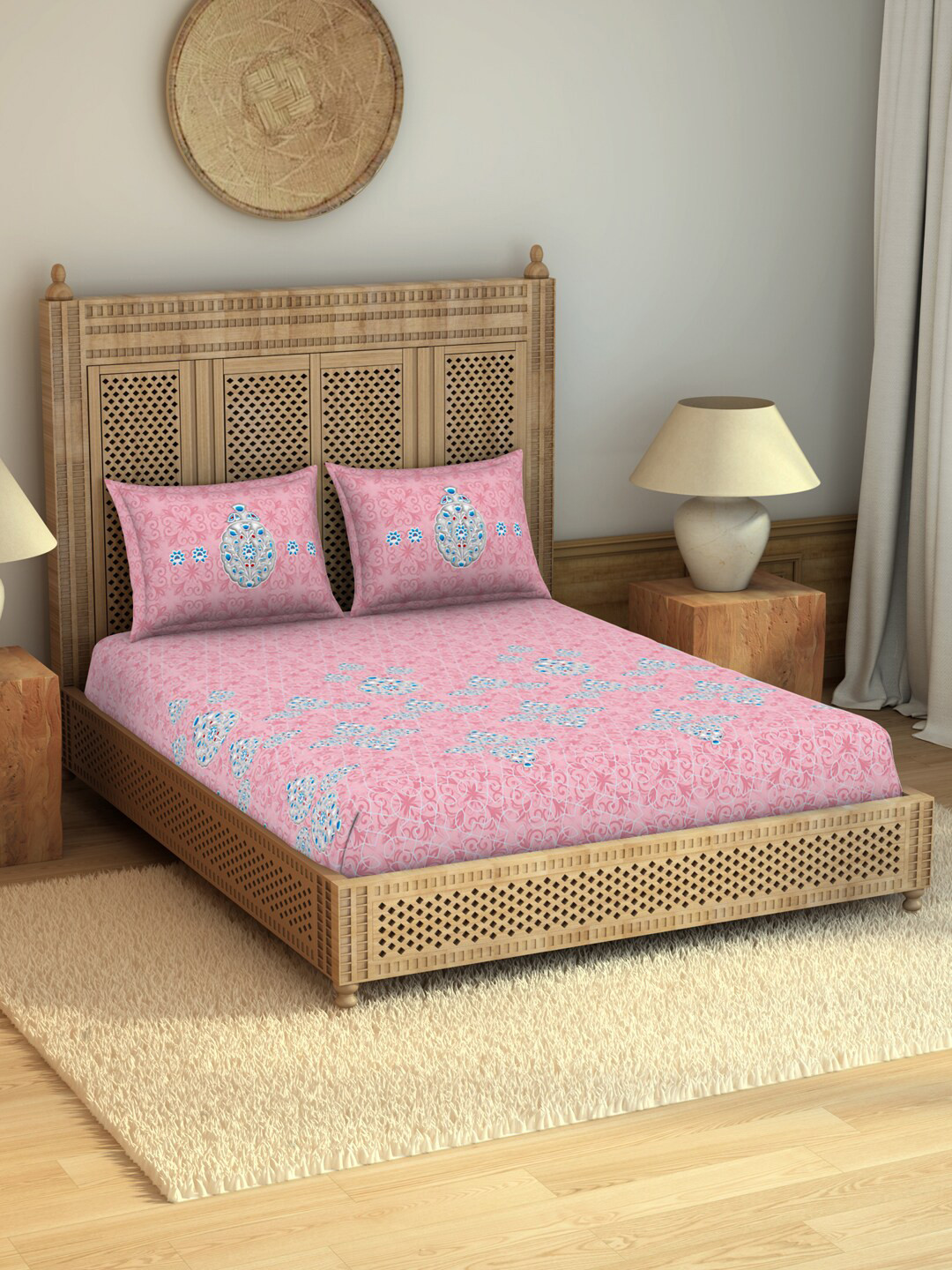 

SPACES Meenakari Pink & Blue Ethnic Motifs 210TC Flat Cotton King Bedsheet & Pillow Covers