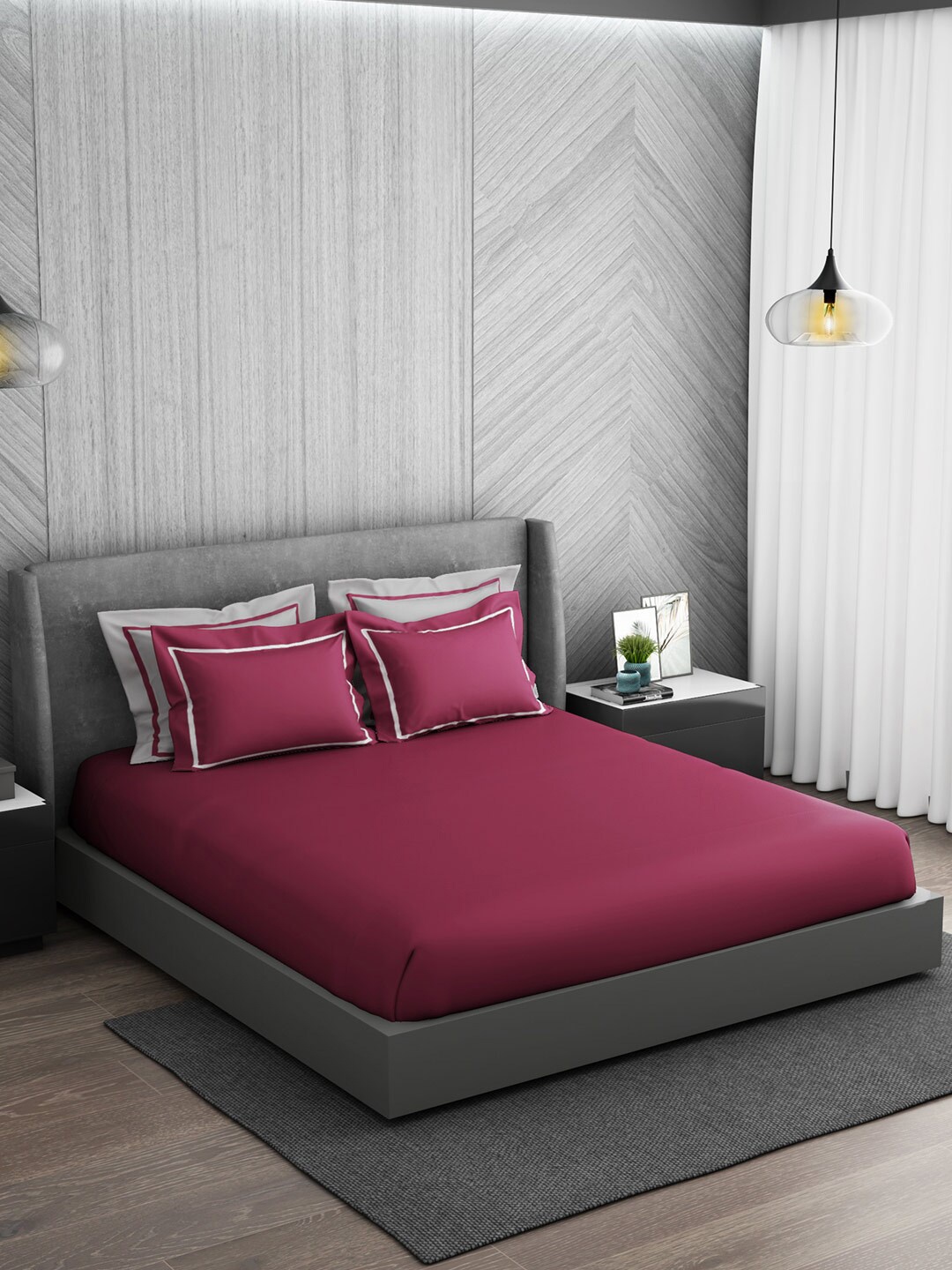 

SPACES Hygro Hygro Maroon & White 300 TC Flat King Bedsheet with 4 Pillow Covers