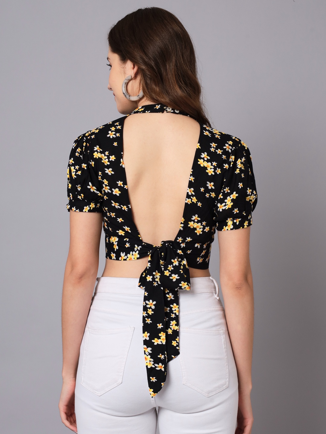 

The Dry State Floral Printed Tie-Up Styled Back Crop Top, Black