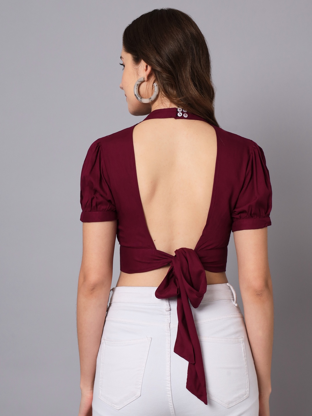 

The Dry State Puff Sleeves Tie-Up Styled Back Crop Top, Burgundy