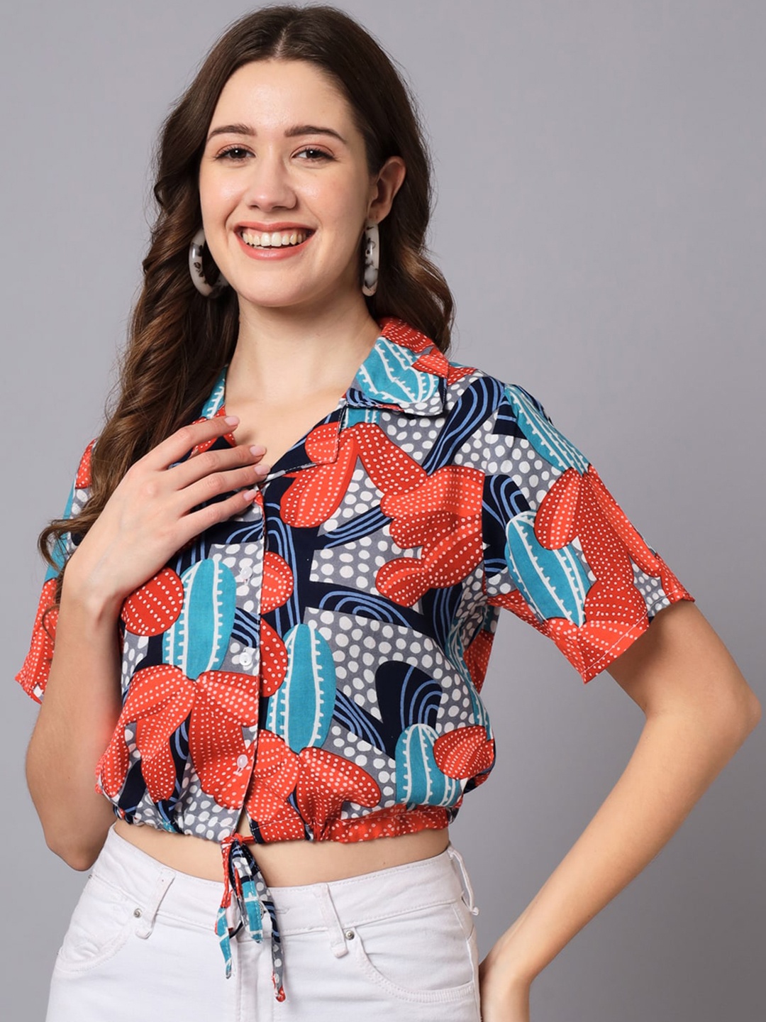 

The Dry State Floral Printed Shirt Style Crop Top, Red