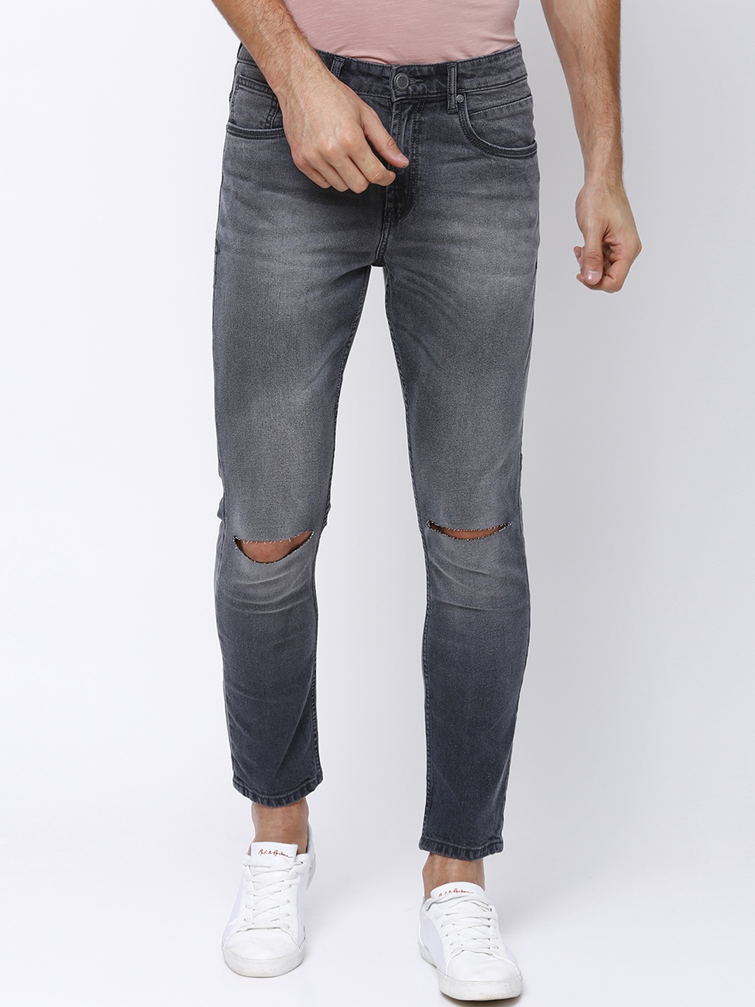 

LOCOMOTIVE Men Charcoal Grey Slim Fit Mid-Rise Slash Knee Stretchable Ankle-Length Jeans