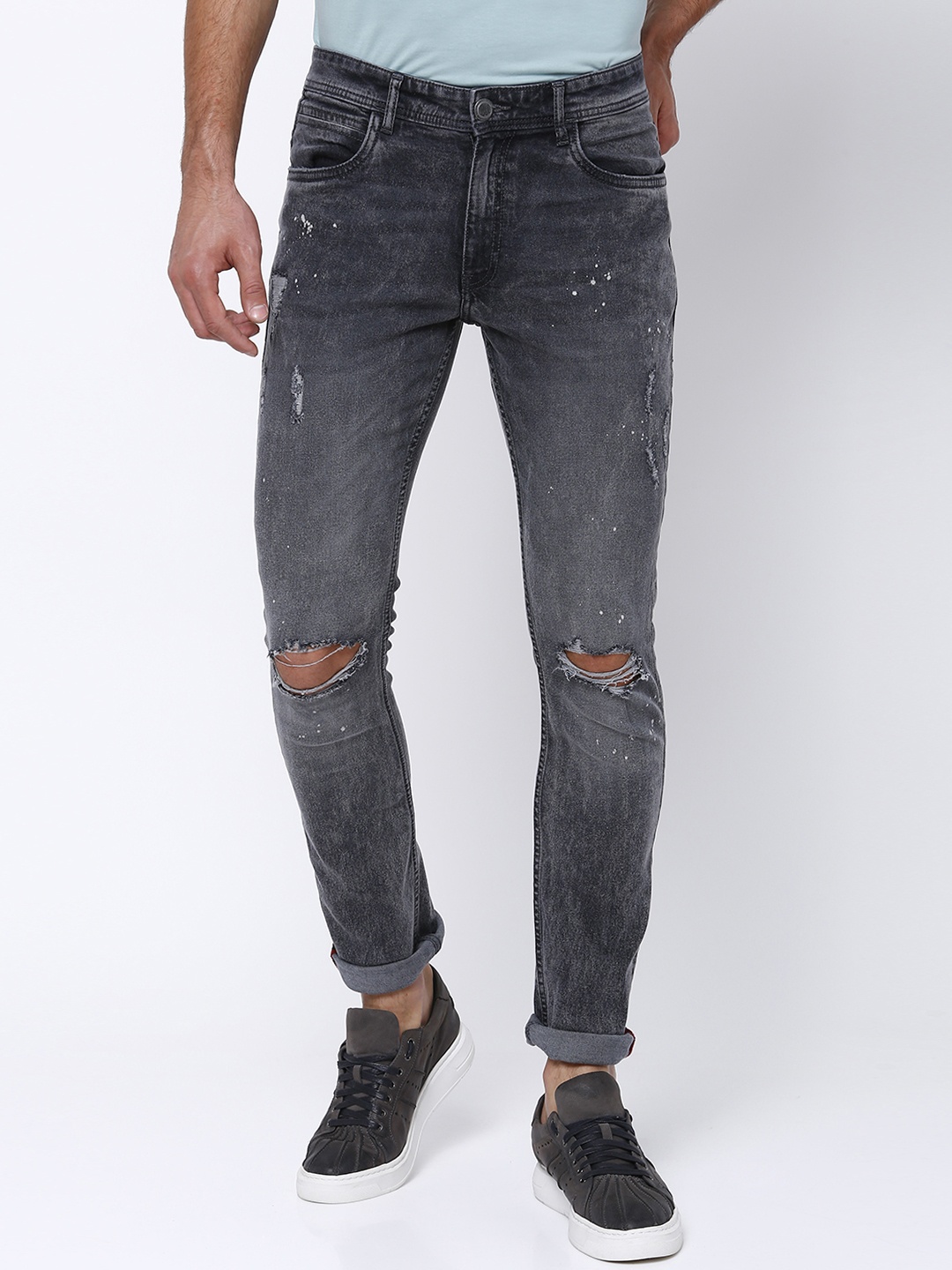 

LOCOMOTIVE Men Charcoal Slim Fit Mid-Rise Slash Knee Stretchable Jeans