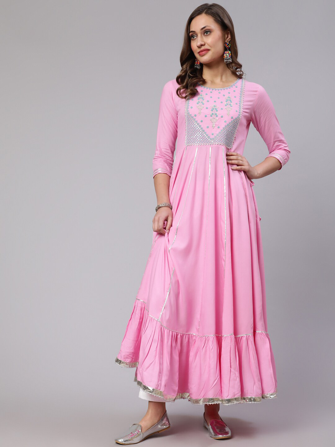 

GLAM ROOTS Ethnic Motif Yoke Design Gotta Patti Anarkali Kurta, Pink