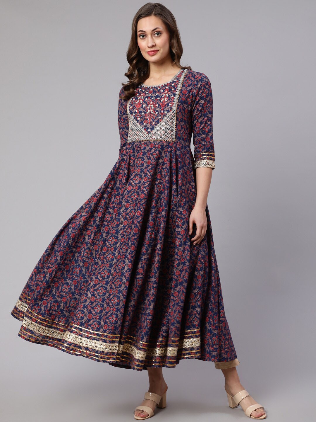 

GLAM ROOTS Ethnic Motifs Printed Thread Work Anarkali Cotton Kurta, Navy blue