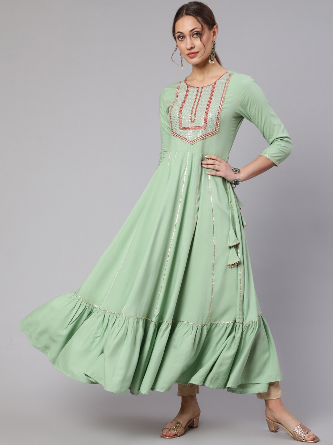 

GLAM ROOTS Ethnic Motifs Yoke Design Gotta Patti Anarkali Kurta, Green