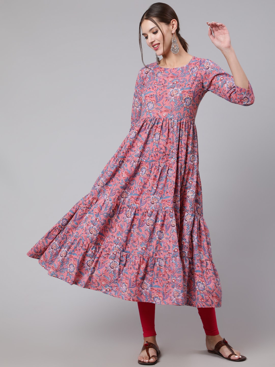 

GLAM ROOTS Ethnic Motif Printed Tiered Anarkali Cotton Kurta, Pink