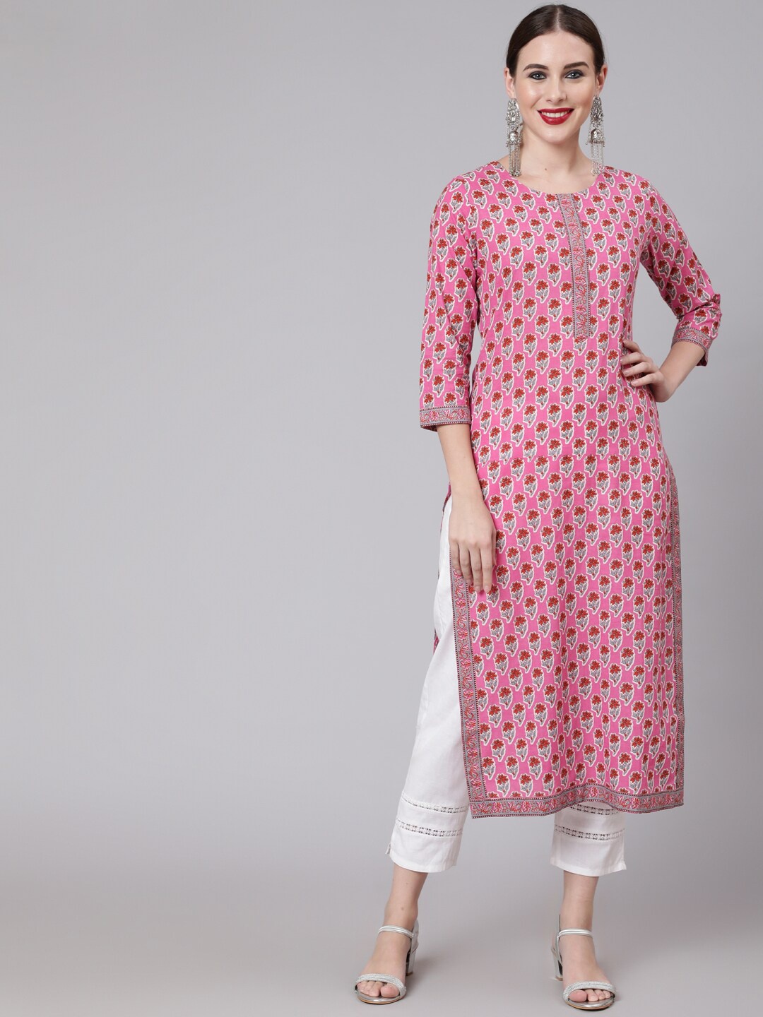 

GLAM ROOTS Floral Printed Pure Cotton Kurta, Pink
