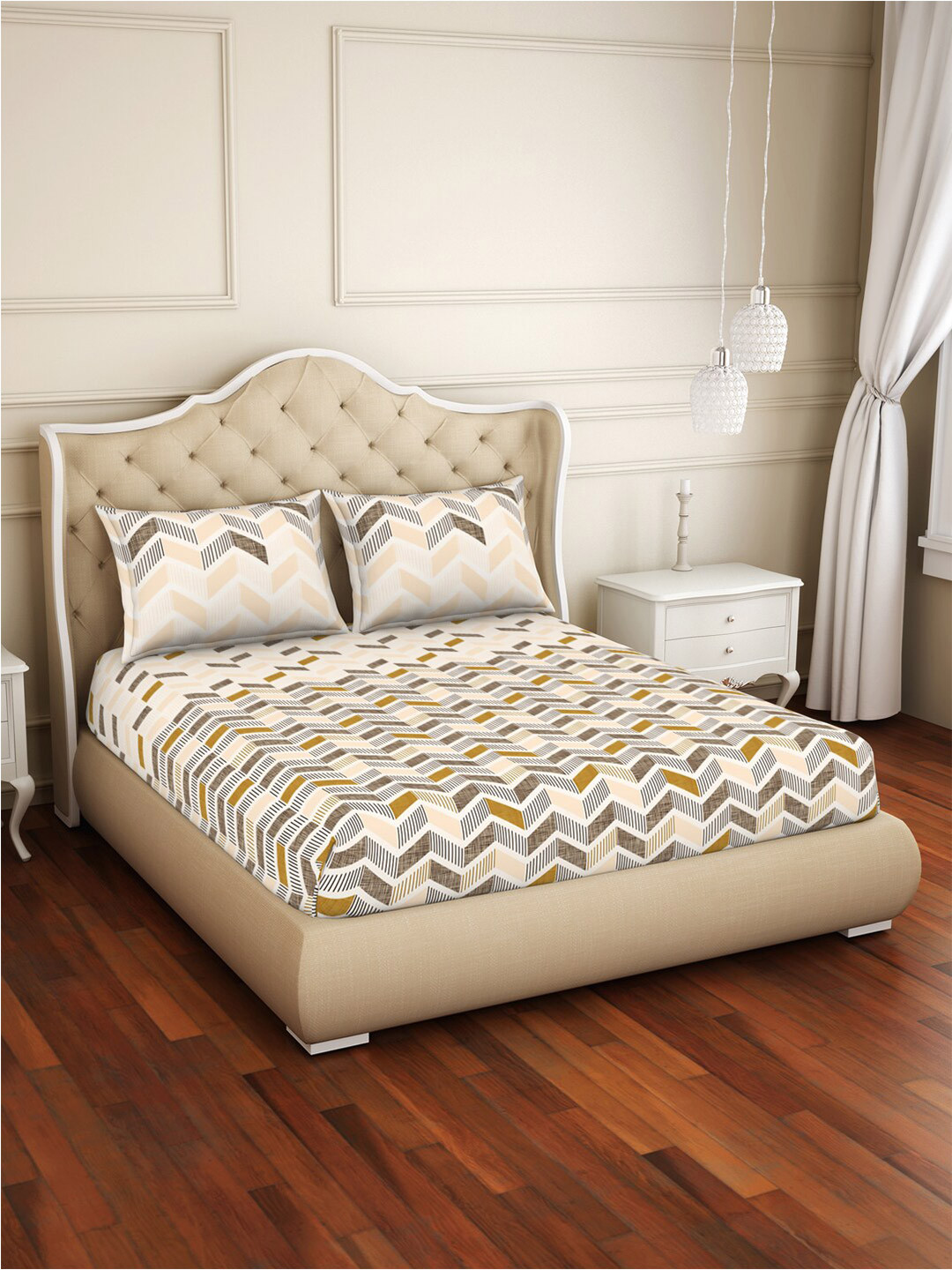 

Welspun Cream-Coloured & Grey 144 TC Fitted Pure Cotton Queen Bedsheet & 2 Pillow Covers