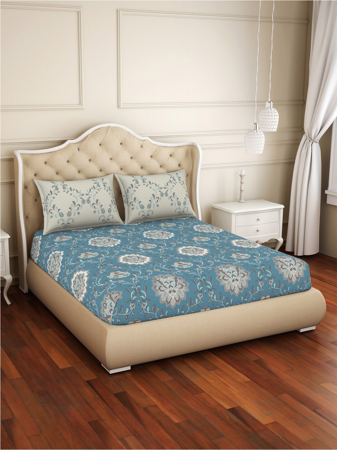 

Welspun Blue & Cream-Coloured 144 TC Fitted Pure Cotton Queen Bedsheet & 2 Pillow Covers